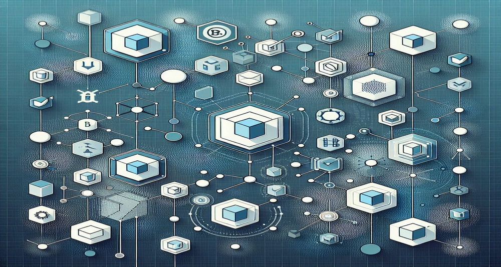 Abstract representation of Cardano's governance transformation with interconnected nodes, dispersed lines, and stylized ballot boxes in a blue and green palette.