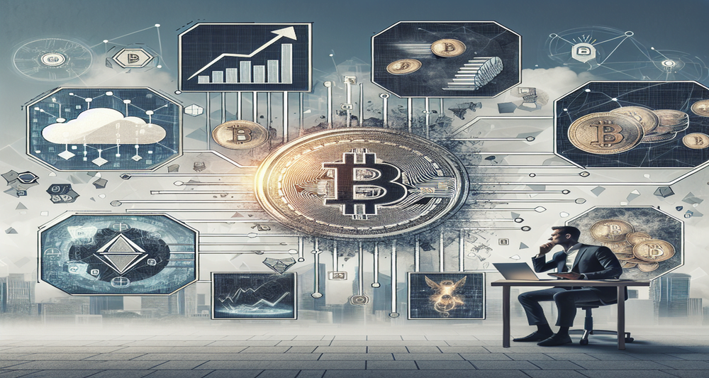 A modern business setting with a startup founder, digital coins, a refund transaction screen, downward graphs, and barriers against a neutral backdrop.