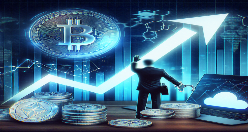 Toncoin logo and digital coins with a rising graph, subtle market volatility, and an abstract silhouette of a businessperson in handcuffs.