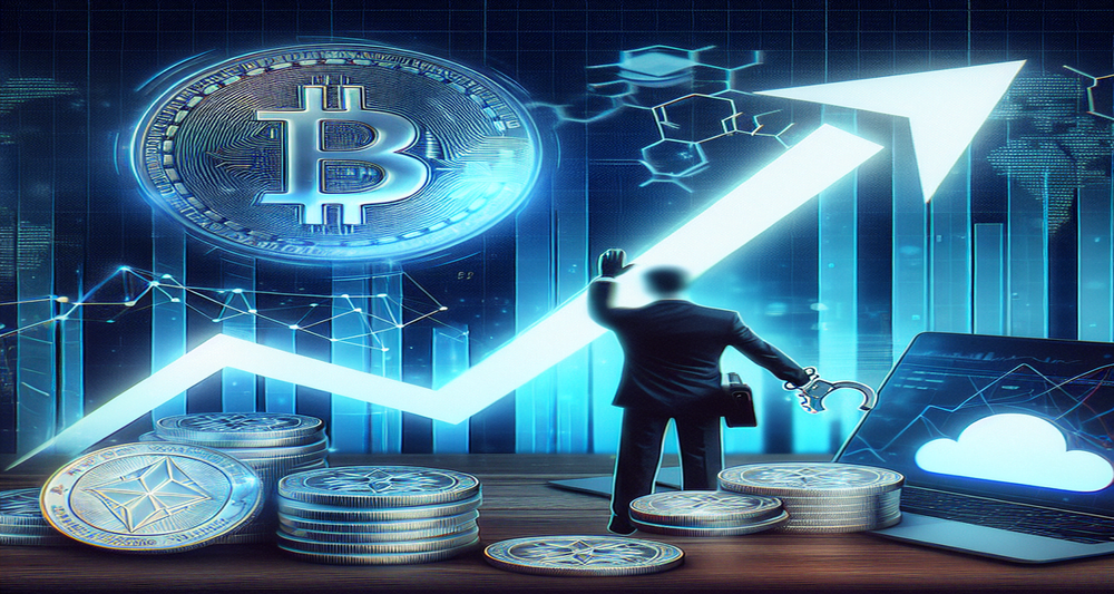 Toncoin logo and digital coins with a rising graph, subtle market volatility, and an abstract silhouette of a businessperson in handcuffs.