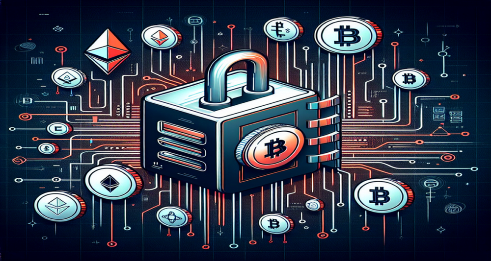 A broken digital padlock with cryptocurrency symbols flowing out, set against an electronic network background with contrasting reds, blacks, blues, and greens.