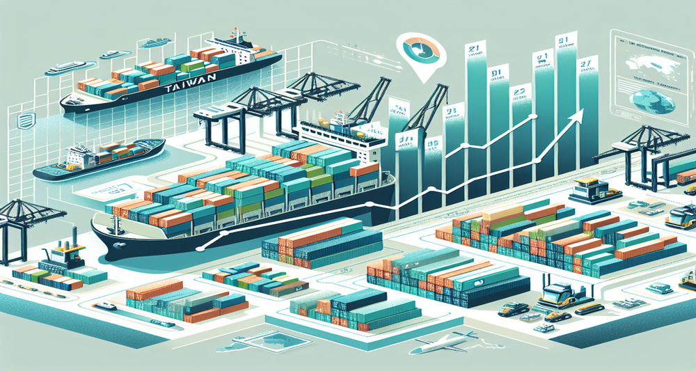 A bustling Taiwanese port with cranes loading cargo ships, a graph showing economic growth, and a map highlighting key export items.