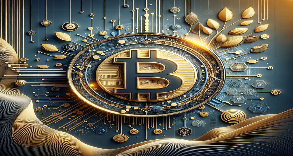 A sleek, modern design featuring a golden Bitcoin symbol intertwined with blockchain elements, upward graphs, and abstract data streams.