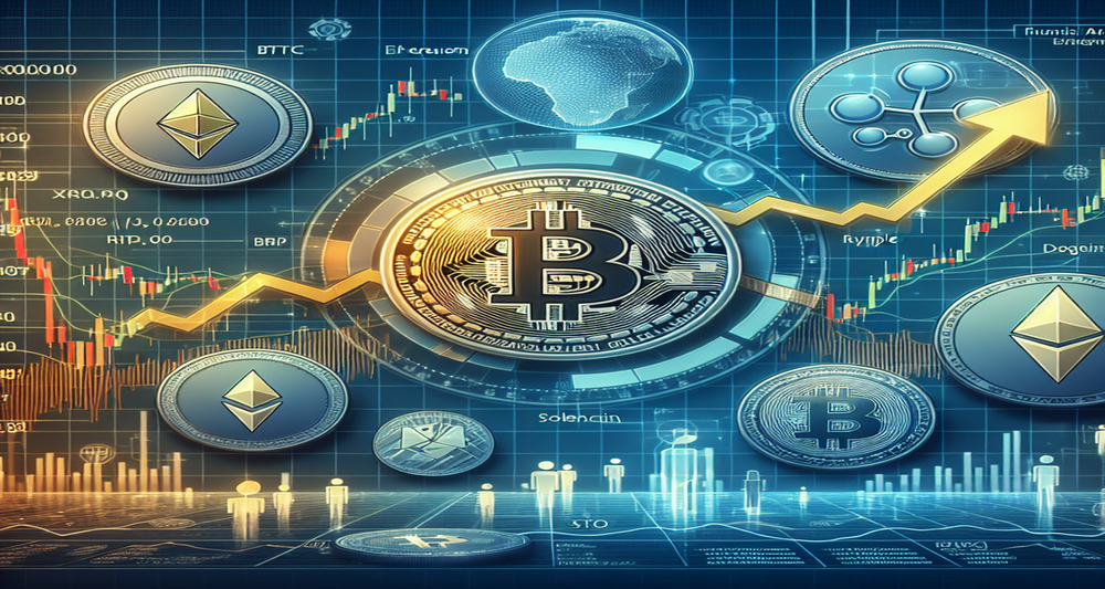 Modern financial analysis scene with digital Bitcoin at a critical juncture, surrounded by Ethereum, Binance Coin, Solana, Ripple, and others.