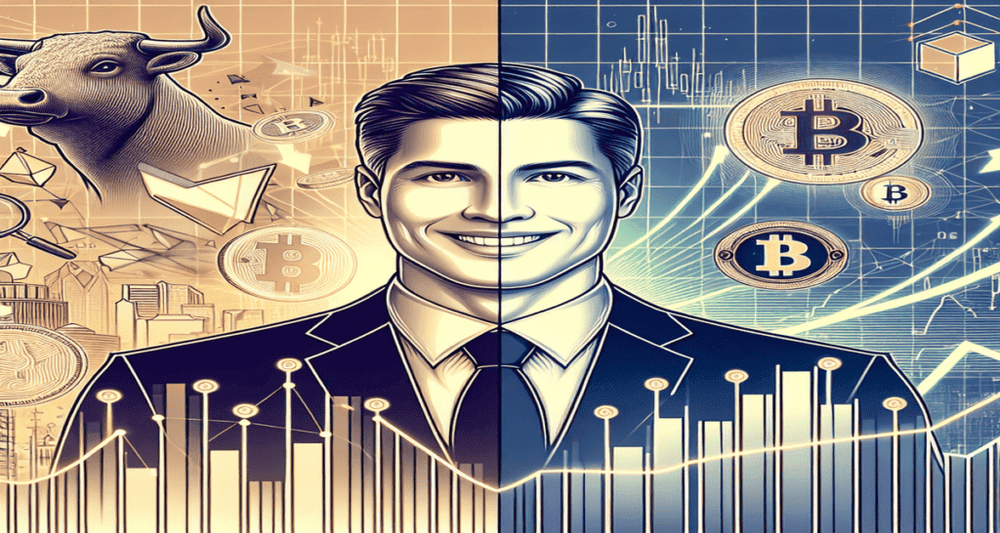 Image split: left side features a confident Warren Buffett with stock charts and Berkshire Hathaway elements; right side highlights Bitcoin with digital motifs.