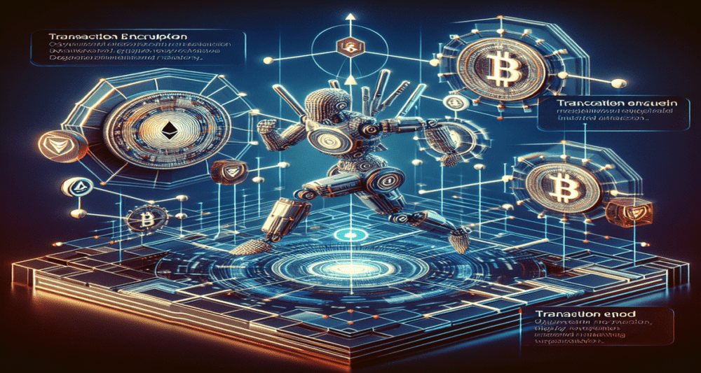 Futuristic digital landscape with interconnected nodes, a strategic MEV bot, Ethereum logos, complex transaction arrows, and a stylized Uniswap V3 pool.