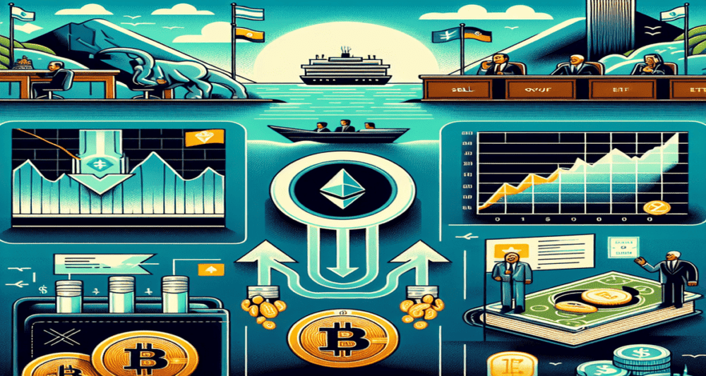 Modern design showcasing BTC and ETH ETF outflows, BlackRock bank, Vitalik's wallet, Nayib Bukele interview, CBoE application, courtroom win for Elon Musk and Tesla, Emmanuel Macron, Donald Trump with crypto flag, and DeFi project ad.