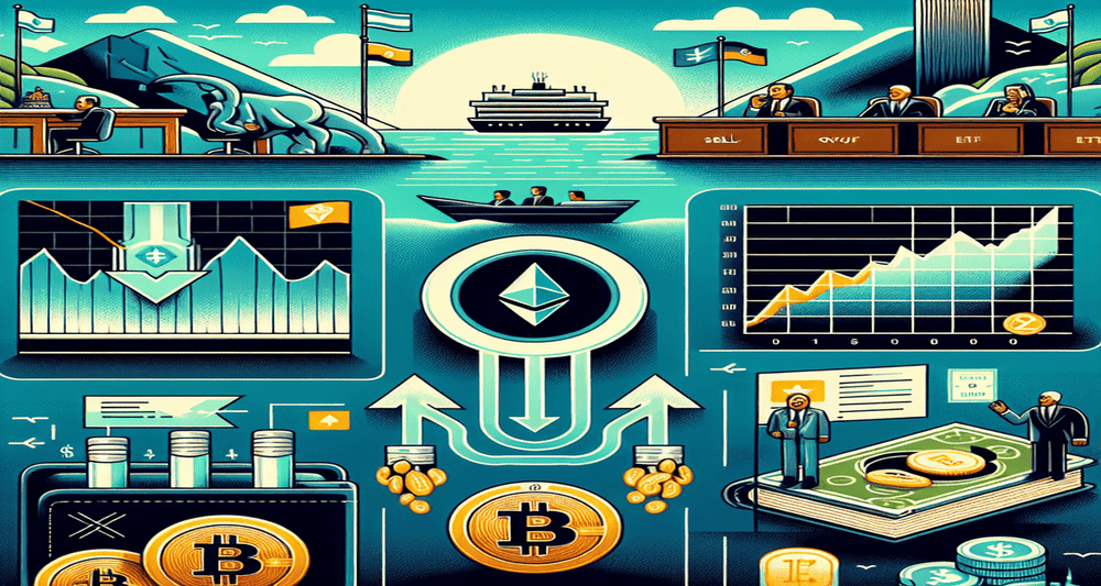 Modern design showcasing BTC and ETH ETF outflows, BlackRock bank, Vitalik's wallet, Nayib Bukele interview, CBoE application, courtroom win for Elon Musk and Tesla, Emmanuel Macron, Donald Trump with crypto flag, and DeFi project ad.
