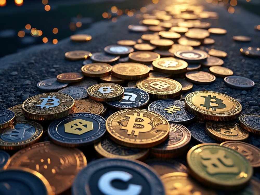 Predictions for Late 2024 Crypto Rally, eye-catching image with many alt coins surging past an area, displaying coins and wealth