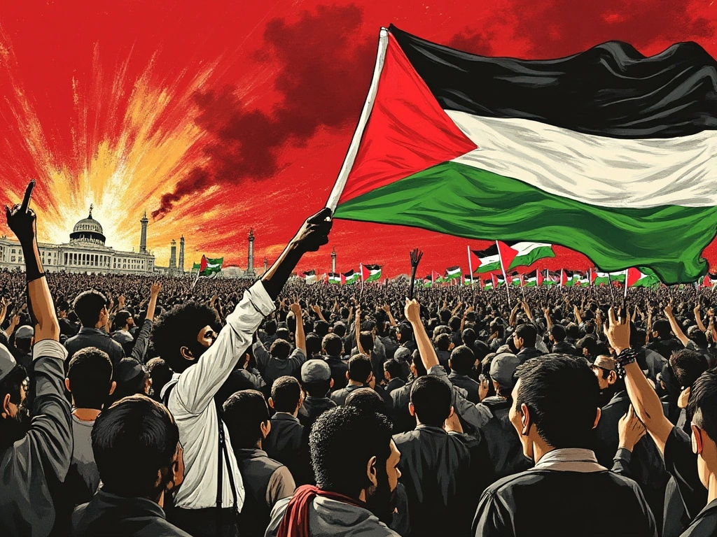 A large group of protesters and 1 person waving the gaza flag. In the background is the white house .