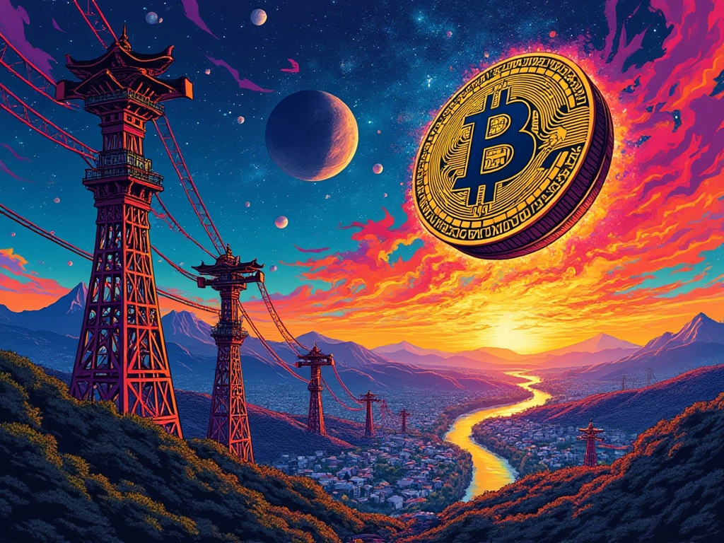 Bitcoin mining rigs in Japan powered by solar panels and wind turbines, with a vibrant sunrise.