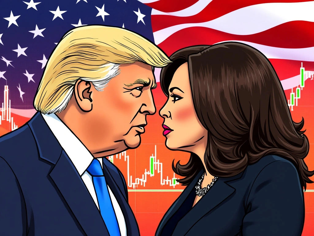 "Political cartoon of Trump and Harris in a tense stare-down, with the USA flag and stock market chart in the background.