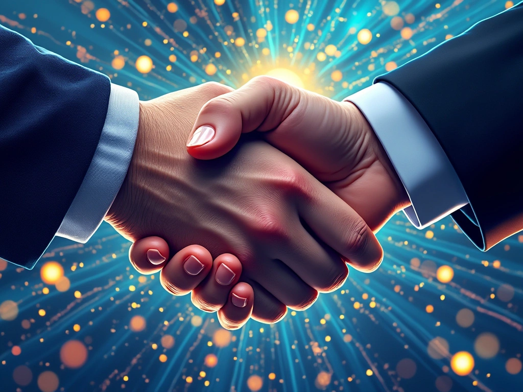 An artistic illustration of two executives engaged in a handshake, representing a business agreement or partnership. The image focuses on their arms and hands, with the rest of their bodies out of frame to emphasize the action rather than the individuals. They are dressed in business suits, suggesting a formal or corporate setting. The background is neutral, drawing attention solely to the gesture of cooperation, symbolizing the alliance between the Japanese Bitcoin firm Metaplanet and SBI, without showing any specific logos or faces.