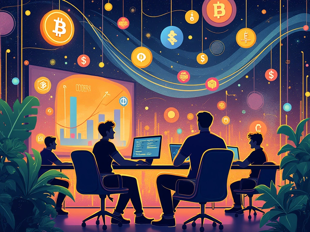 An illustrative scene where diverse groups of developers and everyday people are gathered around, looking at a large, glowing display of various cryptocurrency icons like Bitcoin, Ethereum, and others, symbolizing the intersection of technology and finance in the digital age.