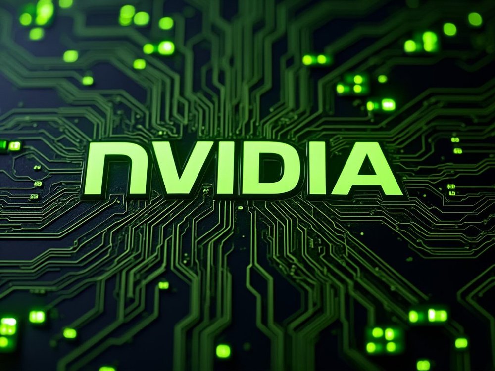 Illustration of NVIDIA logo integrated into a stylized circuit board design, symbolizing technology and stock market themes.
