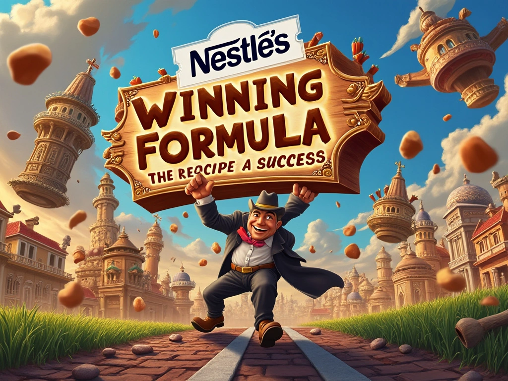 a middle aged man folding a sign saying "winning formula the recipe for success" while standing on a road with buildings in the background.