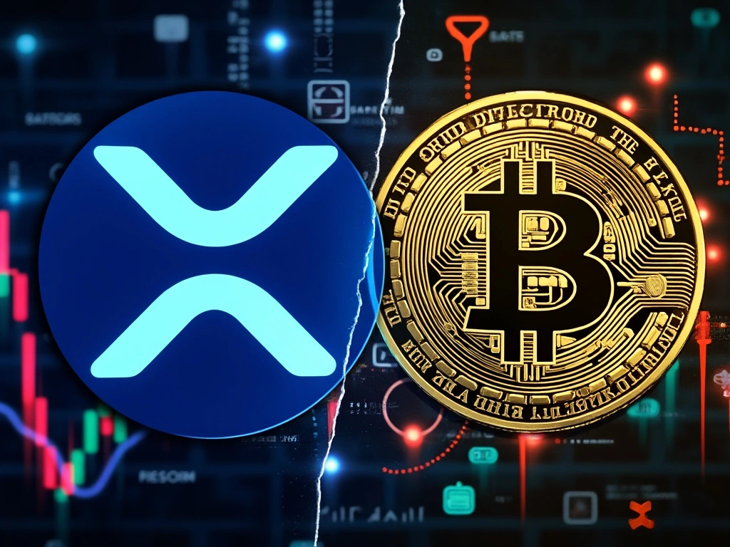A symbolic comparison of Ripple XRP and Bitcoin coins on a graph, with Ripple slightly tipping the scale.