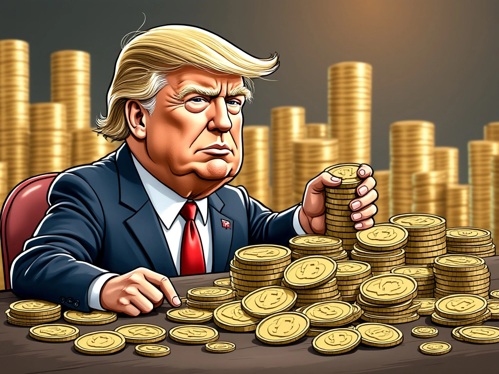 Cartoon illustration of various Trump-themed meme coins, showcasing the humorous and political side of cryptocurrency culture.