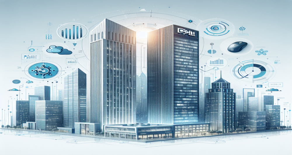 Two skyscrapers representing Palantir and Dell stand tall against a modern city skyline, surrounded by subtle financial symbols and charts.