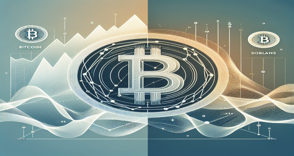 Bitcoin symbol amid turbulent waves, Solana logo rising, and dual-chain cryptocurrency with interlocking chains marked $0.009.
