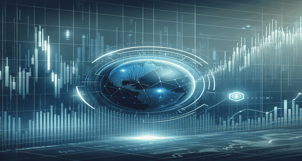 A modern stock market graph shows a sharp decline, with a digital sphere icon subtly integrated, using shades of blue and gray.