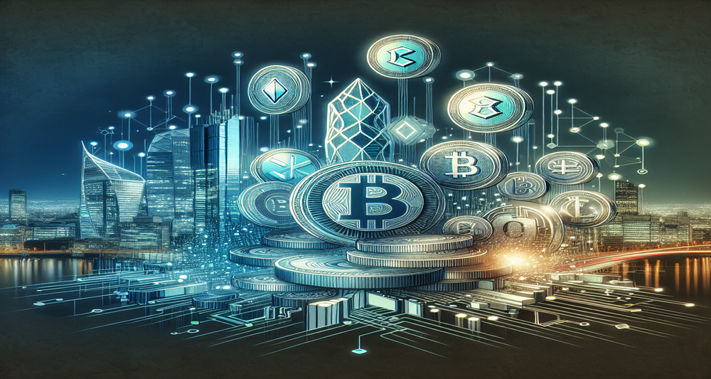 Modern, sleek scene of Hong Kong's skyline with digital stablecoins and cryptocurrencies overshadowing traditional dollar bills and coins.