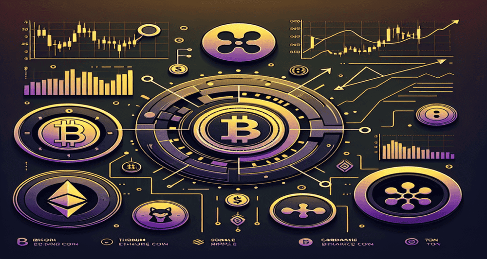 Image depicting cryptocurrency price analysis with logos of BTC, ETH, BNB, SOL, XRP, DOGE, TON, ADA, AVAX, SHIB, charts, and arrows.