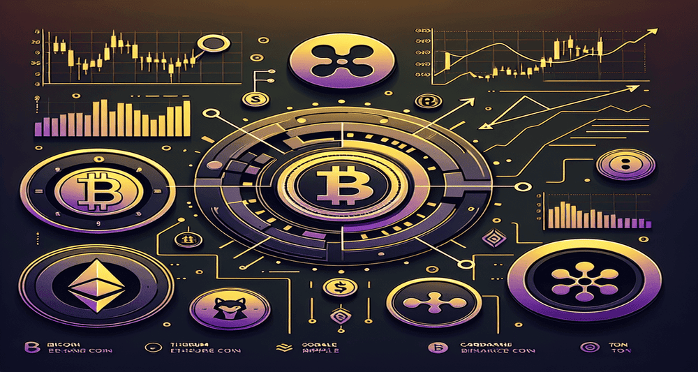 Image depicting cryptocurrency price analysis with logos of BTC, ETH, BNB, SOL, XRP, DOGE, TON, ADA, AVAX, SHIB, charts, and arrows.