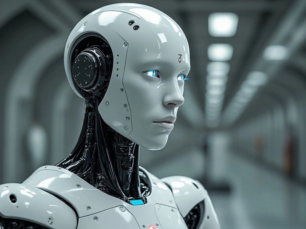 picture of an ai robot from shoulders up looking at something. the robot is white in color and looks serious.