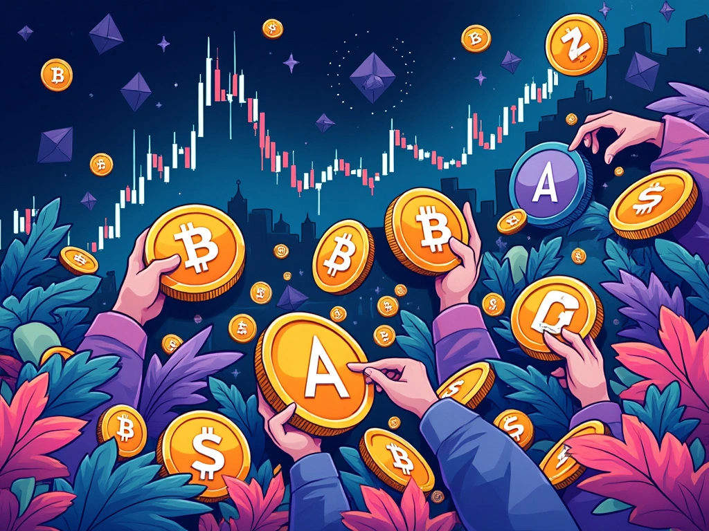 "A whimsical, cartoony illustration showcasing an array of altcoins symbolizing different stablecoins, with characters from emerging markets engaging with these coins. The background features an exaggerated, colorful stock chart reflecting the crypto market's growth, emphasizing the theme of increasing stablecoin adoption