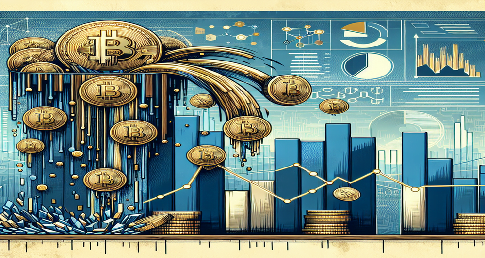 Bitcoin-themed ETFs experiencing heavy outflows with Bitcoin coins streaming out of containers, downward-trending graphs in the background.