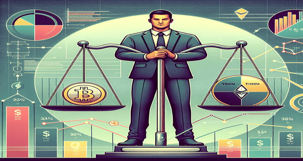 Digital illustration of Justin Sun above a balance scale with Bitcoin being replaced by Tron and Tether, set against a decentralized network backdrop.