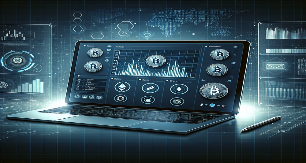 A modern laptop displays PayPal's crypto trading dashboard with Bitcoin, Ethereum, and Litecoin icons, set against a business-themed backdrop.
