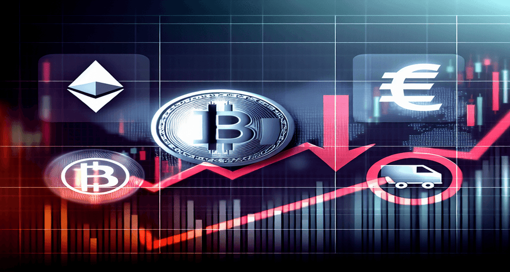 Modern design image featuring Bitcoin and Ethereum symbols, Federal Reserve, employment data, manufacturing indicators, and a downward market trend.