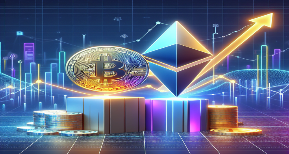 Bitcoin and Ethereum symbols on podiums with an ascending arrow, showcasing Bitcoin DeFi's growth surpassing Ethereum, set against a sleek, minimalist background.