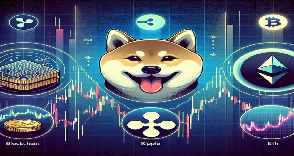 Modern image divided into three sections: Shiba Inu dog with blockchain symbols, bullish Ripple chart, and Ethereum logo with upward trends.