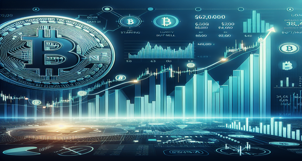 Digital Bitcoin prominently displayed with upward price chart nearing $62,000, surrounded by liquidity indicators and trading activity in a modern setting.