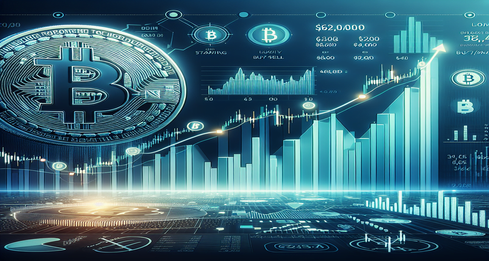 Digital Bitcoin prominently displayed with upward price chart nearing $62,000, surrounded by liquidity indicators and trading activity in a modern setting.
