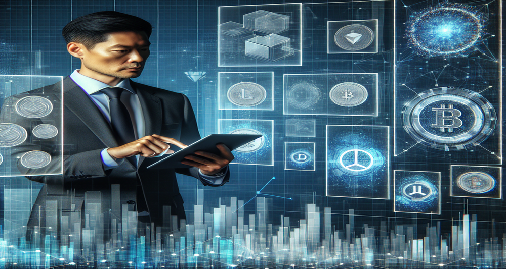 Justin Sun in business attire interacts with high-tech tablet screens showing graphs and blockchain symbols, with digital coins transitioning to data blocks in the background.