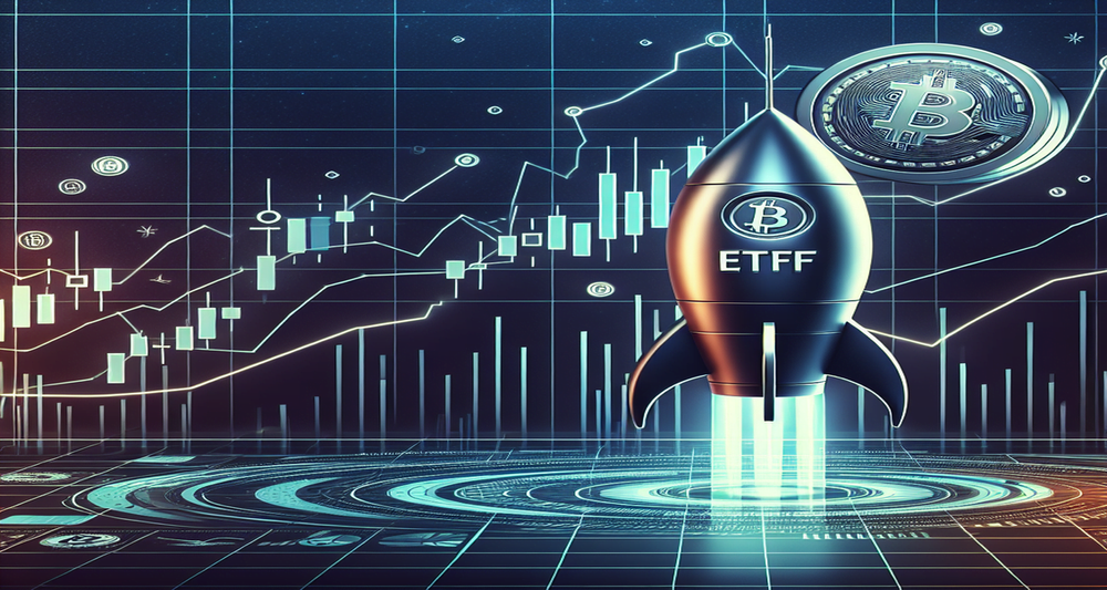 Sleek rocket with Bitcoin logo ascends against modern background, subtly featuring a financial chart with fluctuating market lines.