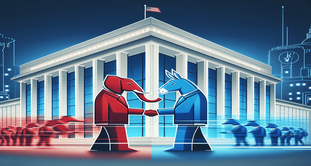 Illuminated U.S. Capitol at night, with red elephants and blue donkeys shaking hands in the foreground, symbolizing bipartisan cooperation.