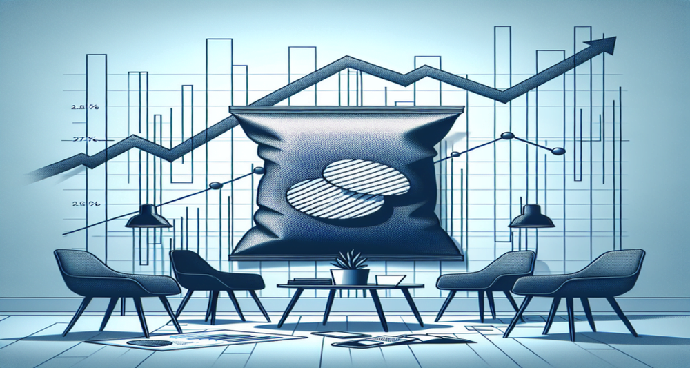 Illustration of a declining graph symbolizing Utz Brands' 2.7% stock fall, with a bag of chips subtly integrated, set against a sleek, minimalist background.