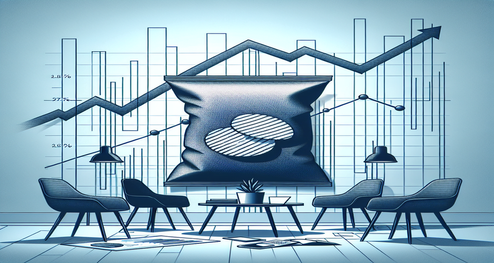 Illustration of a declining graph symbolizing Utz Brands' 2.7% stock fall, with a bag of chips subtly integrated, set against a sleek, minimalist background.