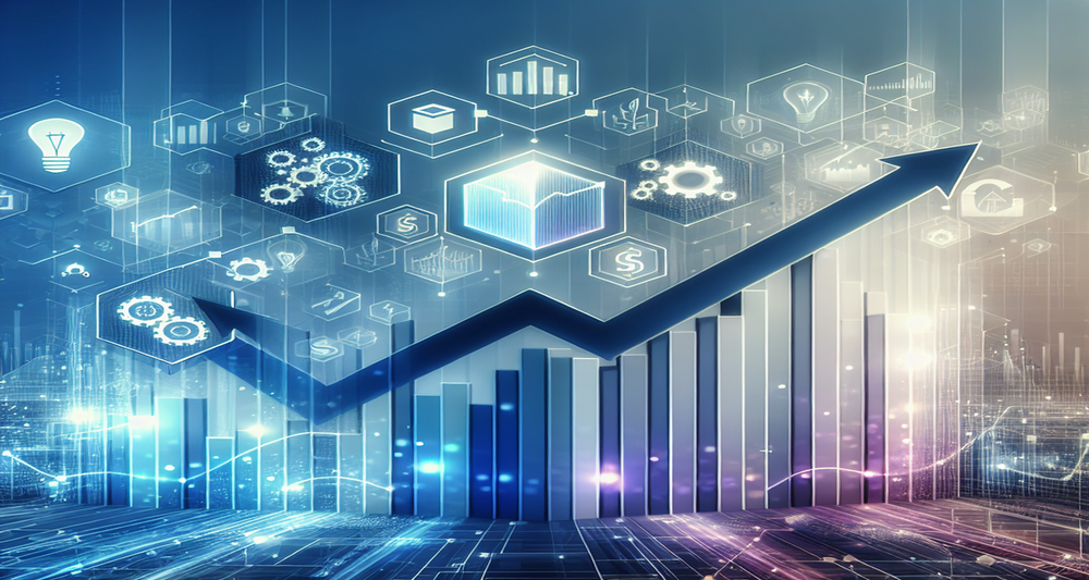 Upward-trending line graph with bold lines and semi-transparent icons of light bulbs and gears on a sleek blue to white gradient background.