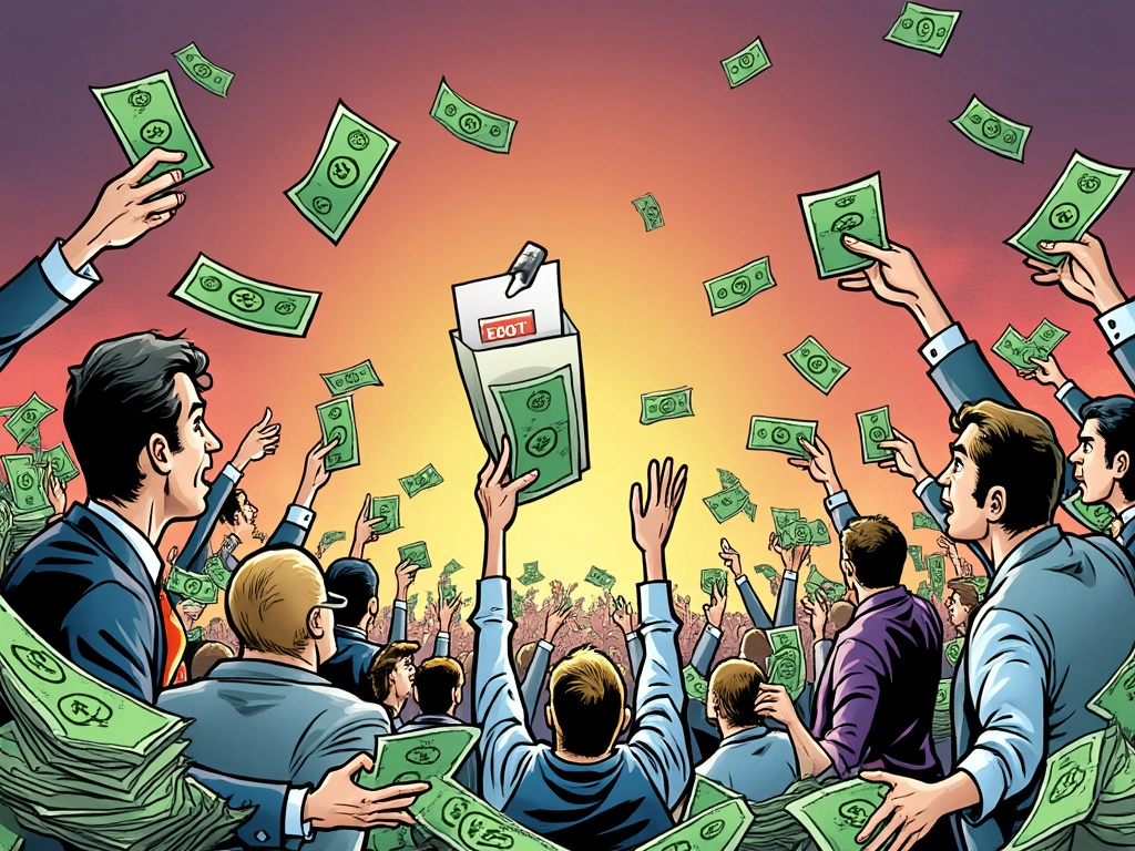 Cartoon depiction of excited bettors eagerly looking up at election candidates, ready to place their bets with money in hand, illustrating the frenzy around legalized betting on U.S. election outcomes