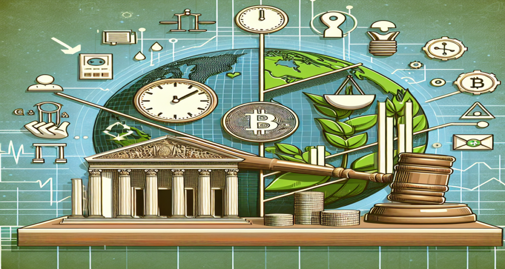 Modern image depicting a regulatory delay of an eco-friendly Bitcoin ETF with symbols like a gavel, green leaves, a globe, and a subtle clock.