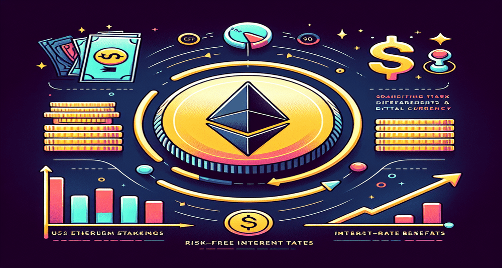 Ethereum logo with growth arrows and US dollar symbols, illustrating rising ETH staking yields compared to US risk-free rates in a sleek, futuristic design.