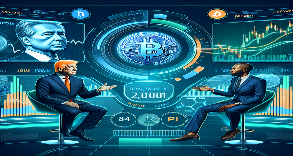 Modern futuristic trading interface with Trump and Harris debating, Bitcoin logo, CPI charts with volatility arrows, and fluctuating consumer sentiment graph.