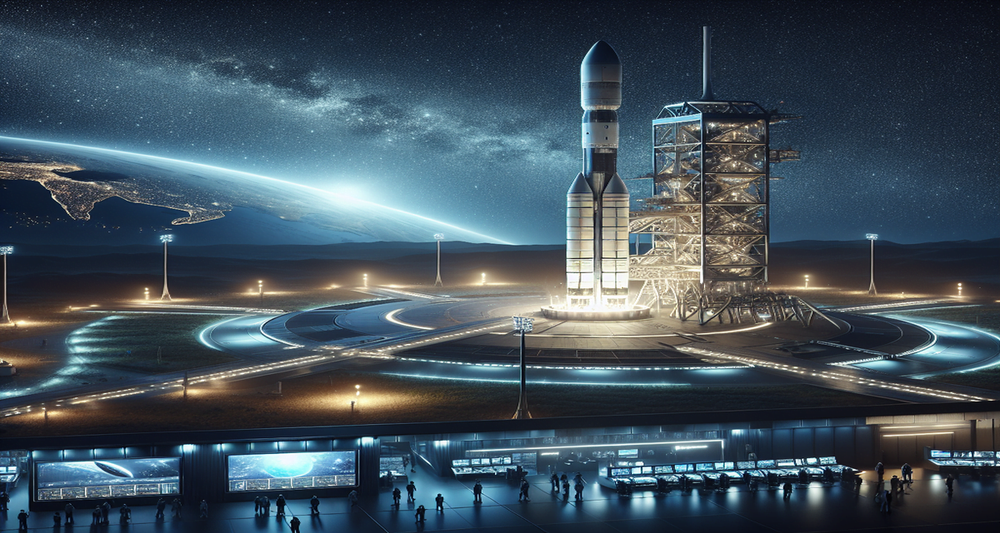 Futuristic SpaceX rocket launches into a starry night sky with Earth glowing in the background, while diverse mission control team monitors.