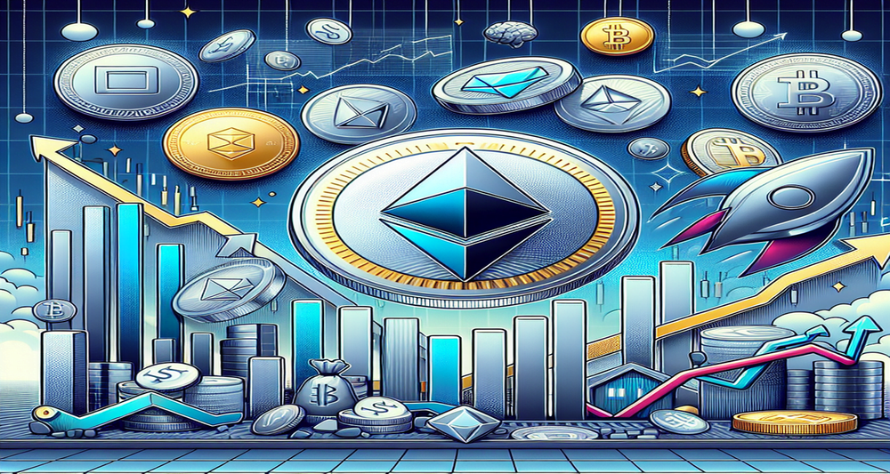 Ethereum coin descending behind ascending cryptocurrency icons, with worried investors, declining graphs, and a bursting tech stock bubble in the background.